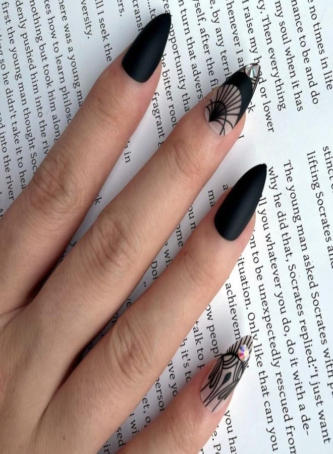 OCOUYVD Press on Nails Medium Almond Stiletto Heel Fake Nails Gothic Mesh Rhinestone Acrylic Nail Glossy Glue on Holiday False Nails Full Cover Stick on Nail for Women Girls 24PCS - Image 2